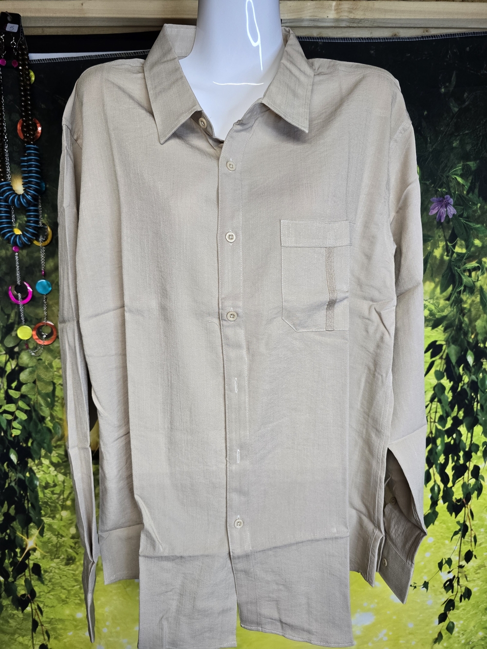 #117 Men's Long-Sleeve Dress Shirt in Light Beige - Classic Pocket Style